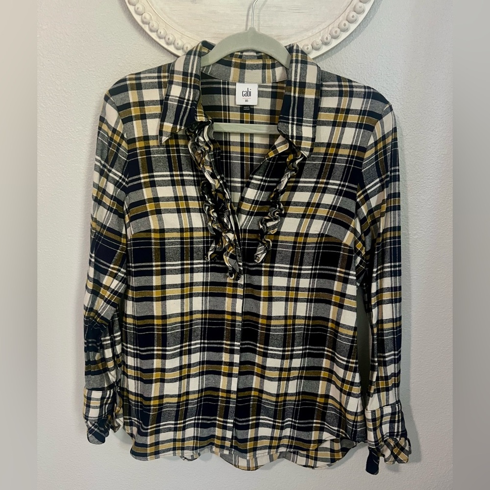 Plaid Ruffle Women's Top - Navy, White, Yellow